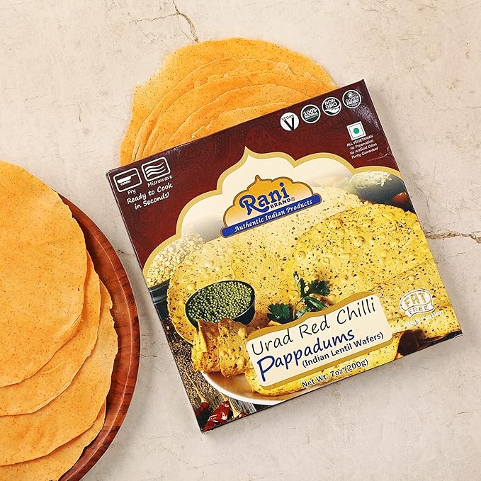 Rani Pappadums (Indian Lentil Wafer Snack) Red Chilli Papad 7oz (200g) Approximately 15pc, 7 inches ~ All Natural | Gluten Friendly | NON-GMO | Vegan | Indian Origin