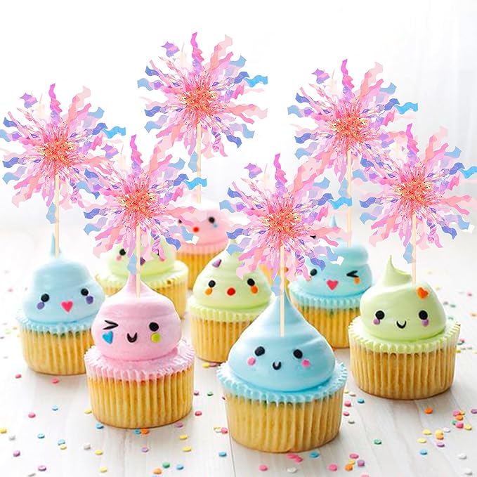 Rsstarxi 30 Pack Foil Firework Cupcake Toppers Birthday Party Decorations Sparkle Tinsel Cocktail Food Fruit Toothpick for New Years Valentine's Day Wedding Birthday Party Decorations