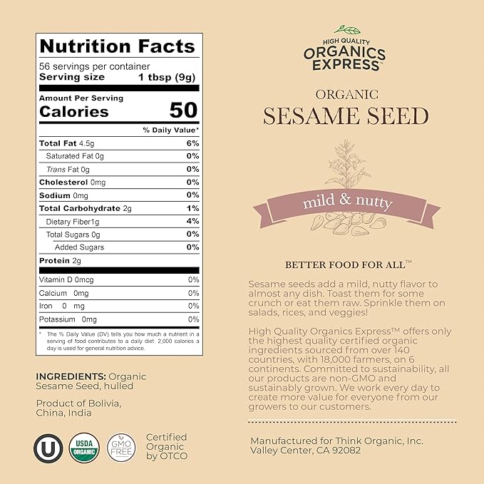 HQOExpress | Organic White Sesame Seed | Raw Sesame Seeds for Cooking and Food Seasoning - Semillas de Ajonjoli - Non-GMO, Vegan & Certified Kosher - 18 oz. Chef Jar
