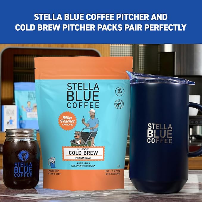 Stella Blue Cold Brew Coffee Packets, Miss Peaches Blend, Medium Roast Ground Coffee, Citrus, Carmel with Sweet Fruity Notes, 100% Arabica, 6 Brew Packets, Makes 24 Bold Cups