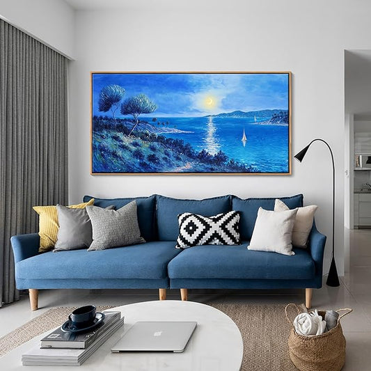 Large Painting Wall Art Blue watercolor Ocean Picture for Living Room Coastal Home Bedroom Decoration sailing boat Framed Artwork Decor 24횞48IN