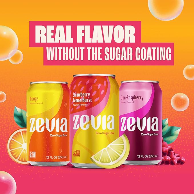 Zevia Zero Sugar Soda, Fruity Variety Pack, 12 oz Cans (24-Pack) ??Naturally Sweetened, Zero Calorie Sugar Free Soda - Non-GMO Project Verified, Gluten-Free, Vegan