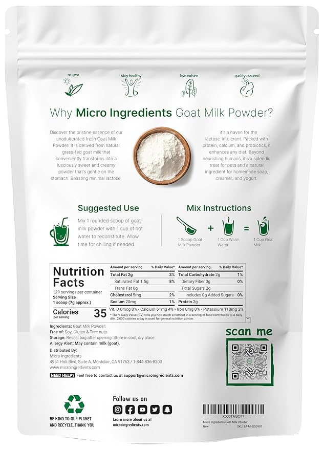 Micro Ingredients Goat Milk Powder, 2 Lb | Grass-Fed Australian Source | Pure, Easily Digested Formula | High in Protein, Calcium & Probiotics | Non-GMO, Gluten-Free, Pet Friendly