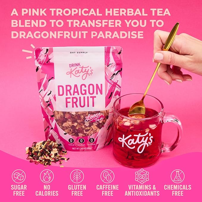 Katy?™s Dragonfruit Loose Leaf Tea | Hydrating & Fruity Herbal Tea | Hibiscus, Dragonfruit & Pineapple | Caffeine-Free Fruit Tea | 30+ Cups | Hot or Iced | Antioxidant-Rich | Woman-Owned | 3oz Pouch