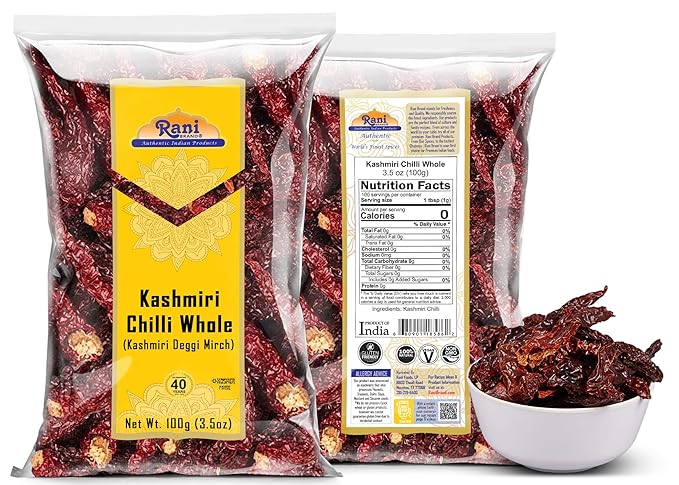 Rani Kashmiri Chilli Whole (Deggi Mirch, Low Heat) 3.5oz (100g) ~ Natural | Salt-Free | Vegan | No Colors | Gluten Friendly | NON-GMO | Kosher | Indian Origin