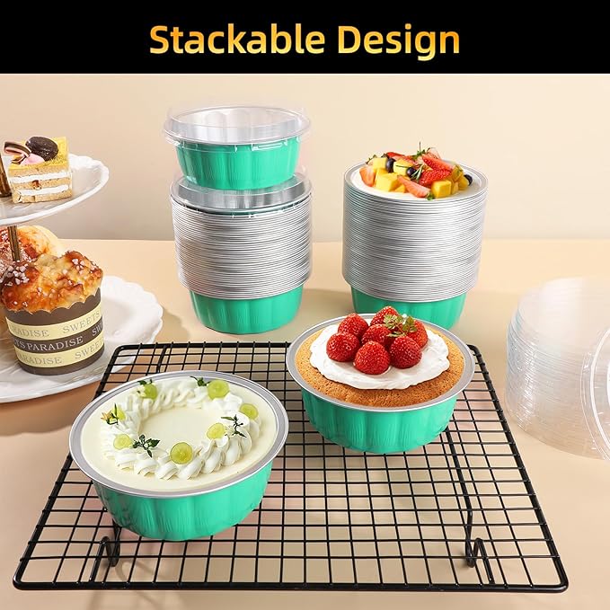 Beasea Ramekins Baking Cups with Lids, 120 Pack 8 oz 4 Inch Disposable Mini Elegant Blue Foil Creme Brulee Aluminum Baking Cups Small Round Cupcake Tart Pie Tins Pans Individual Containers Oven Safe