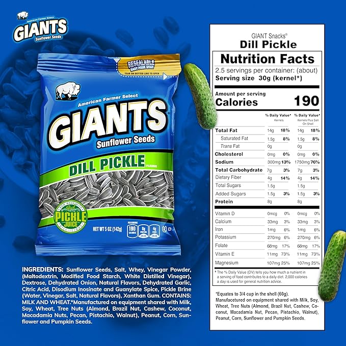 GIANTS Dill Pickle Sunflower Seeds - Sunflower Seeds Bulk, Big Sunflower Seeds to Eat, Roasted Pickle Sunflower Seeds, 8g Protein Per Serving - 5 oz Resealable Bags (Pack of 12)