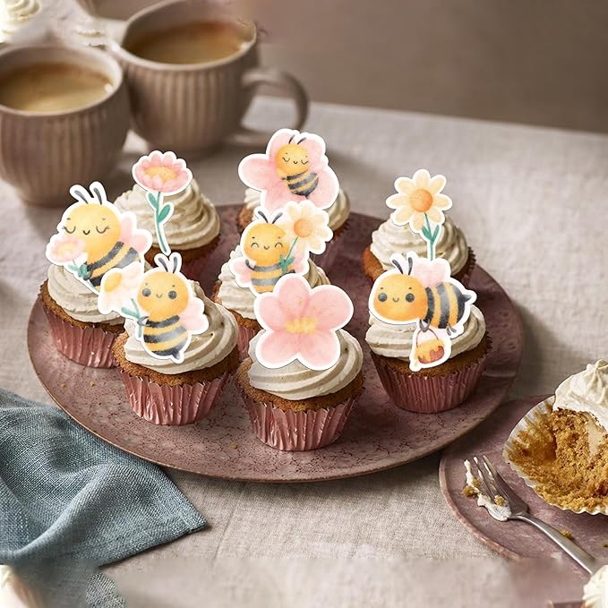 Rsstarxi 63 Pack Edible Bee Cake Topper Wafer Paper Oh Babee Cupcake Toppers for Honeybee Theme Bee Baby Shower Kids Birthday Party Cake Decorations Supplies