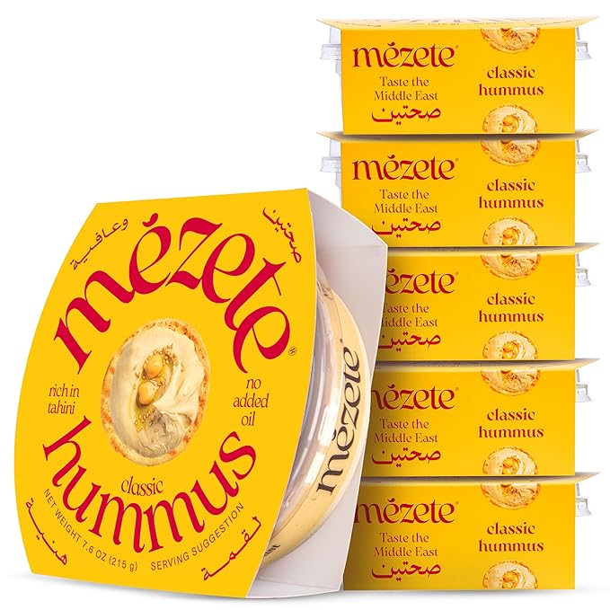 Mezete Classic Hummus Dip | Preservative-Free | All-Natural | On the Go Tahini Rich Vegan Dip | Shelf-Stable | No Refrigeration Required | 180g (Pack of 6)