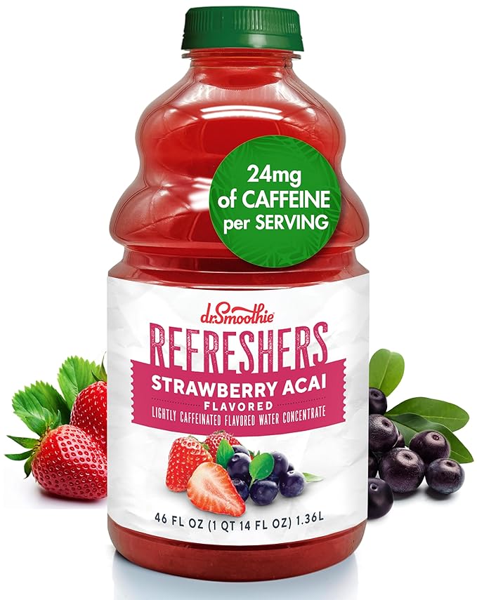Dr. Smoothie Refreshers Strawberry Acai ??Made with Real Fruit Juice ??Drink Concentrate, No Artificial Colors, Shelf-Stable ??Lightly Caffeinated with Green Coffee Extract (46 oz Bottle)