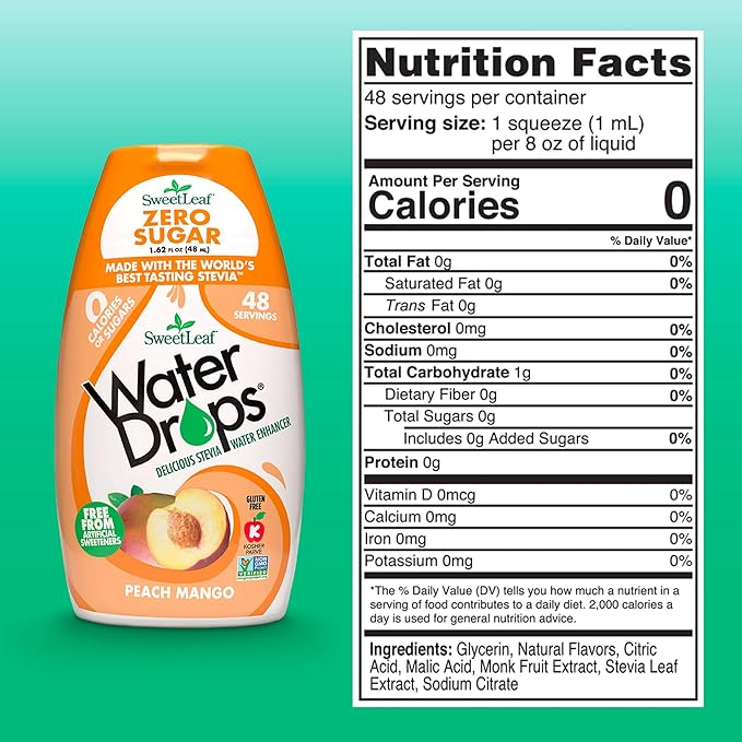 SweetLeaf Water Drops, Peach Mango ??Sugar-Free Water Enhancer Drops, Stevia & Monk Fruit Sweetener Water Flavoring, 1.62 Oz (Pack of 6)
