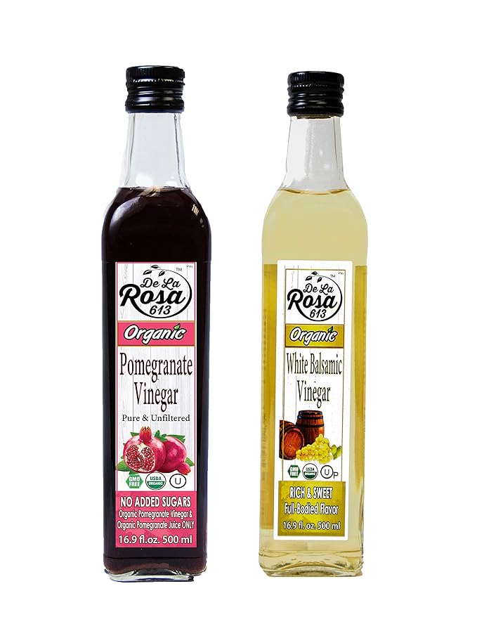 De La Rosa Organic Pomegranate and White Balsamic Vinegar, Vegan, Kosher, Non-GMO & Gluten Free, Great for Salad Dressings, Marinades & More, 16.9 Oz (Pack of 2)