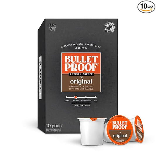 Bulletproof Original Medium Roast Single-Serve Pods, 10 Count, Arabica Beans, Clean Coffee Tested for Toxins, Packaging May Vary