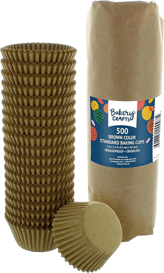 Bakery Crafts Natural Brown Baking Cups - 500-2" Cupcake Cases, Greaseproof Paper Liners for Muffins and Cupcakes, Bulk Pack of 500