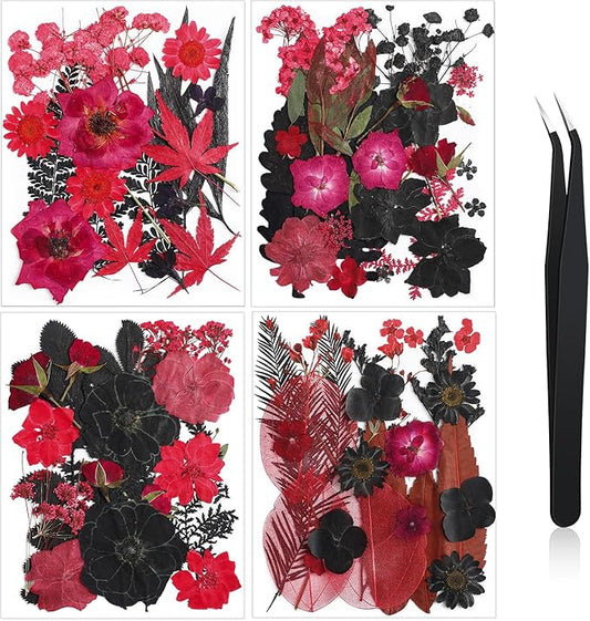 Nuanchu Pressed Flowers Bulk Dried Flower for Crafts, Dried Wildflowers Leave Natural with Tweezer for Resin Mold Scrapbooking Nail Soap Making DIY(Stylish Style,Red Color)