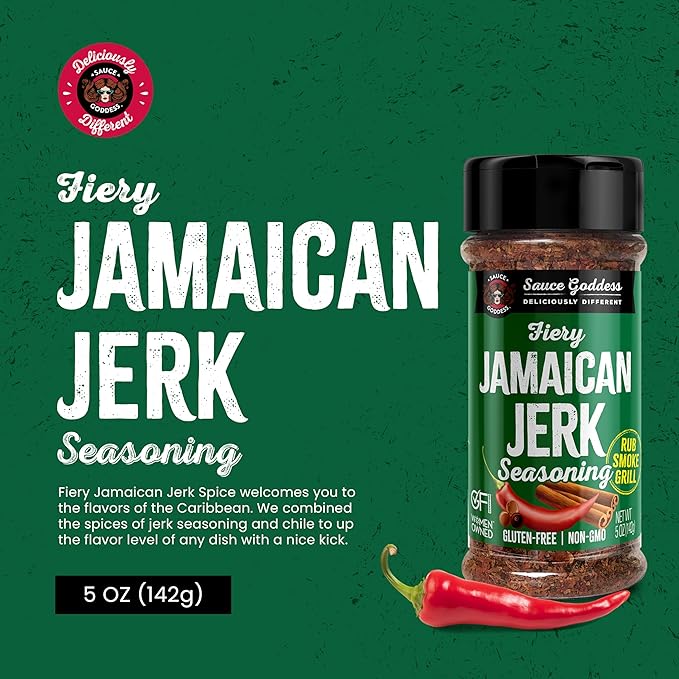 Sauce Goddess - Fiery Jamaican Jerk Spice Shaker - Caribbean Seasoning for Chicken, Pork & Seafood, Low Sugar, Low Sodium, Fat-Free, Vegan - 5oz