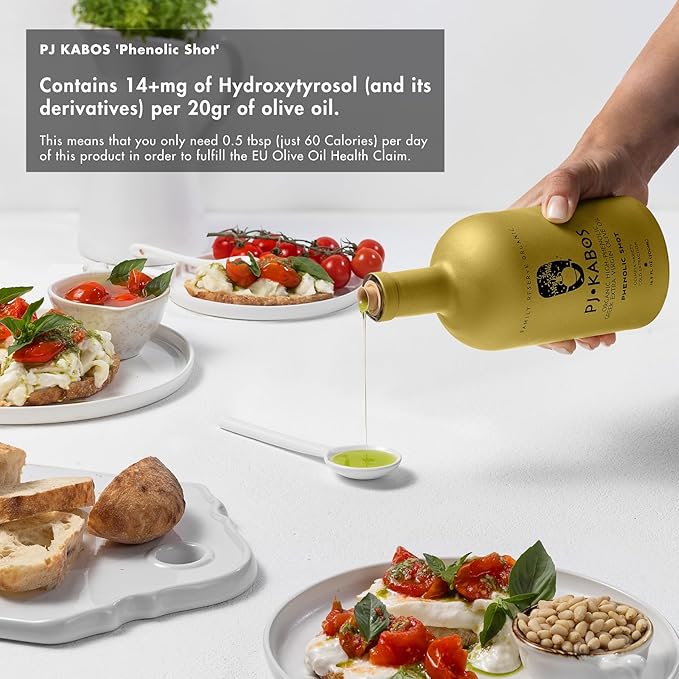 P.J. KABOS 2024/25 Harvest, Extremely High Phenolic (1000+ mg/kg), USDA Organic Greek Extra Virgin Olive Oil, Kosher, Greece, Cold Extracted, 16.9oz Bottle, PJ KABOS ?œFamily Reserve Organic - Phenolic Shot??(6pack)