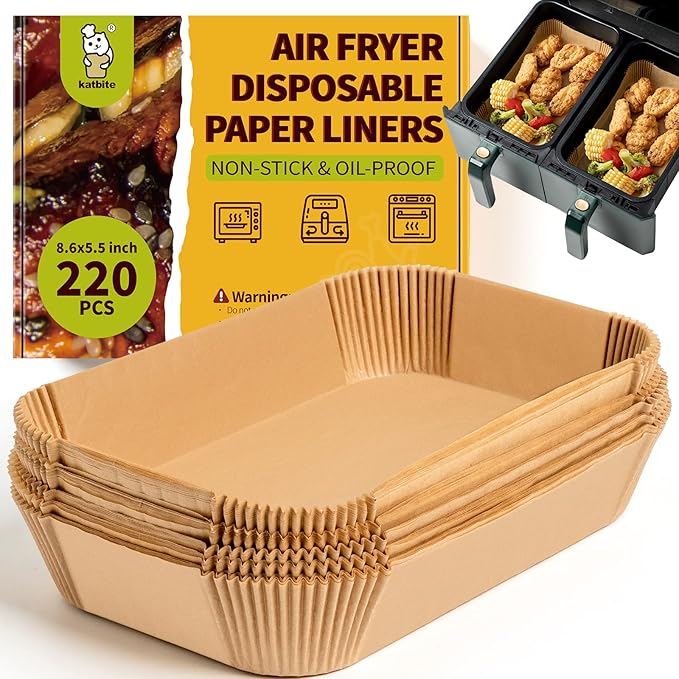Katbite 220PCS DZ201 Air Fryer Liners Disposable, 8.6x5.5'' Rectangle Airfryer Paper Liners for Dual Air Fryer, Oil-Proof Parchment Paper for Foodi DZ401, FG551