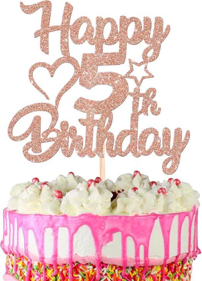 1 Pack Happy 5th Birthday Cake Topper - Glitter Heart Star 5 Fabulous Cake Picks - Rosegold