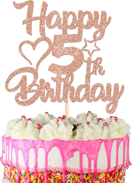1 Pack Happy 5th Birthday Cake Topper - Glitter Heart Star 5 Fabulous Cake Picks - Rosegold