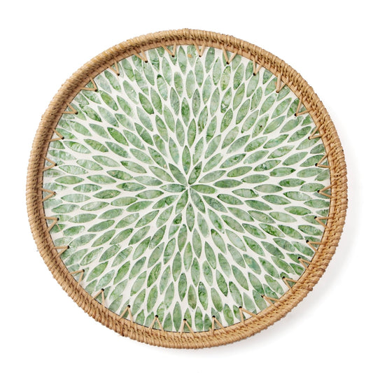 Aayoruro Round Rattan Tray with Mother of Pearl Inlay, Wooden Base