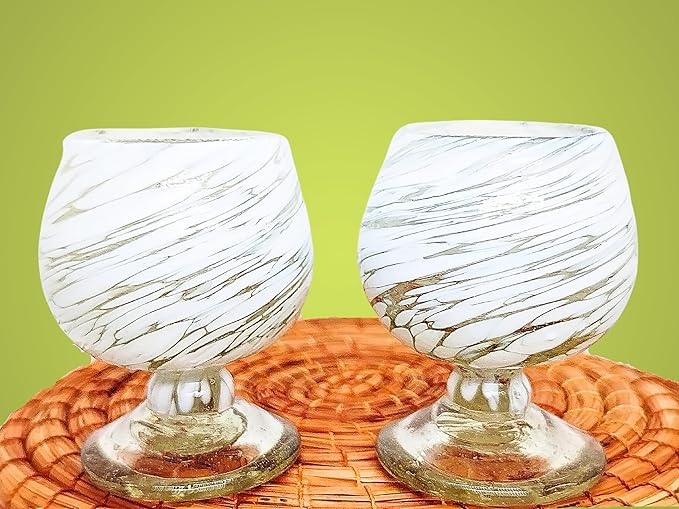 Authentic Mexican Tequila Hand Blown Shot Glasses - Set of 4-2 oz - Mini Glass Snifters - Heavy Base - Cognac (White Swirl)