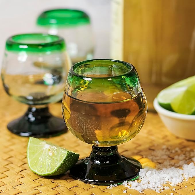 Authentic Mexican Tequila Hand Blown Shot Glasses - Set of 4-2 oz - Mini Glass Snifters - Heavy Base - Cognac (Green Rim)