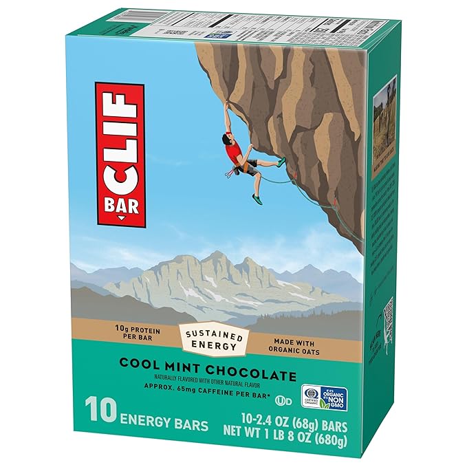 CLIF BAR - Cool Mint Chocolate with Caffeine - Made with Organic Oats - Energy Bars - Non-GMO - Plant Based Protein Bars (10 Pack)