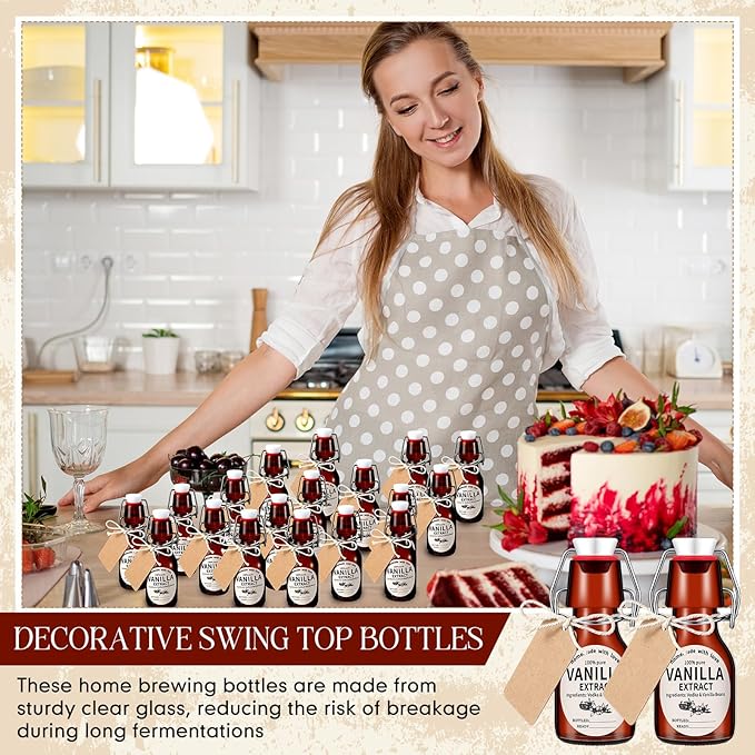 Vesici 12 Sets Swing Top Glass Bottles Set Amber Homemade Vanilla Extract Bottles with Stoppers Stickers Caps Jar Brush Funnel Rope Labels Vanilla Extract Jars for Holiday DIY Crafts (2 oz)