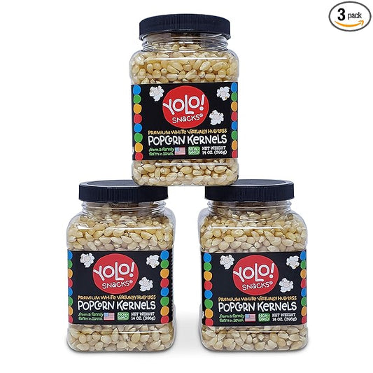 YOLO! Snacks - Gourmet White Virtually Hulless Popcorn Kernels - Small Kernels - Non-GMO - 14oz (3 Pack)