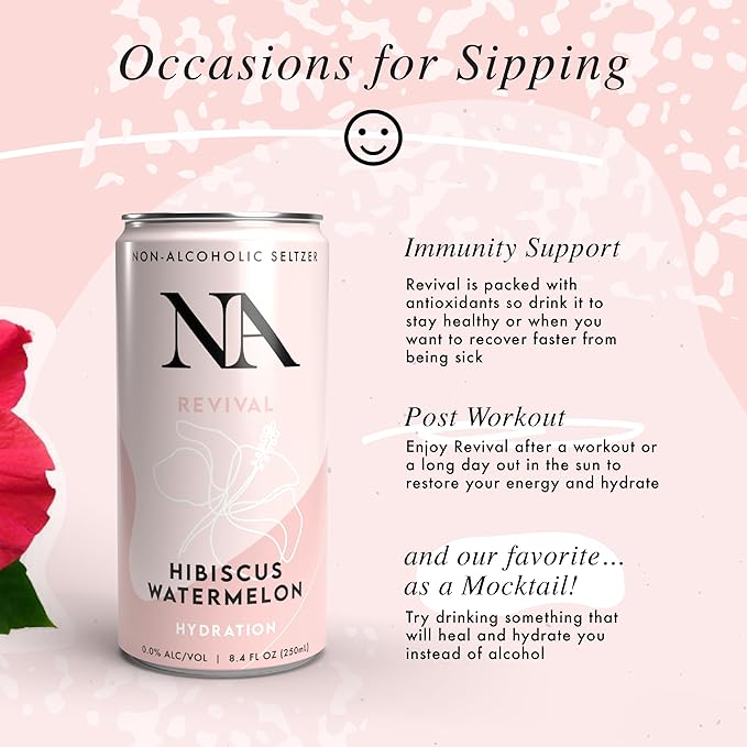 NA Functional Non-Alcoholic Drinks with Mushrooms & L-Theanine | Sea Salt for Hydration | Low Sugar, Low Calorie Adaptogen Social Tonic, Hibiscus Tea and Watermelon Mocktail, 8.4oz Cans (12 Pack)