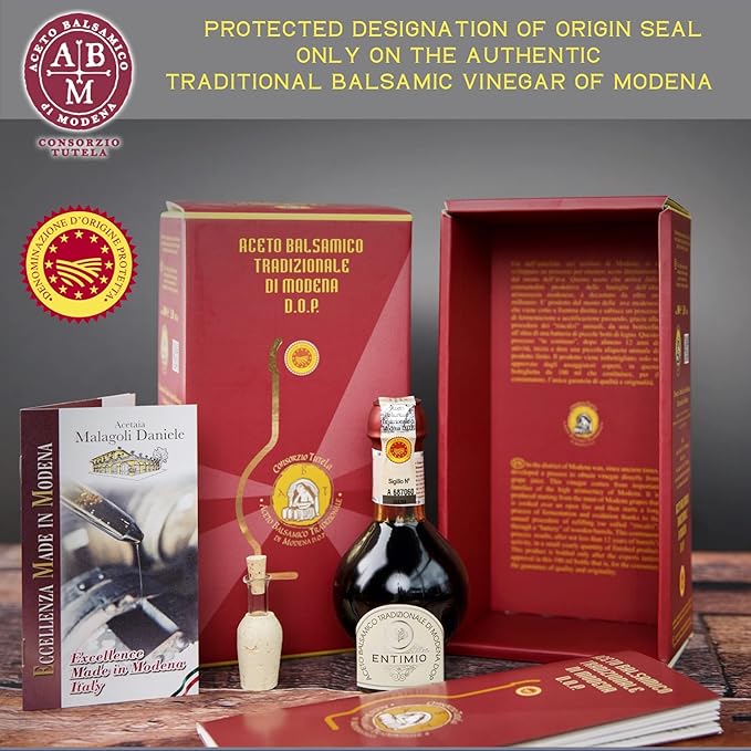 Entimio Affinato - DOP Aged 12+ Years Traditional Modena Balsamic Vinegar from Modena, Italy - Authentic from Small Family Producer, Giftbox with Product and Producer Info - 3.4 fl oz