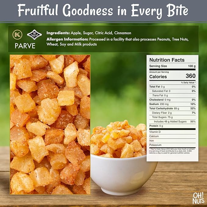 Oh! Nuts Dried Cinnamon Apple - 1 LB - Sweetened Dried Fruit Diced - Dehydrated Fruit Bites - Packed in New York Zip-Seal Bag for Exceptional Freshness