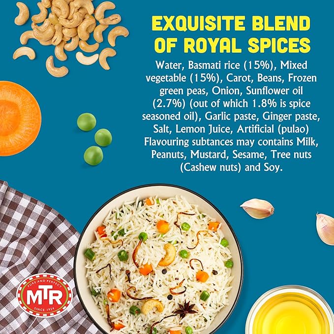 MTR Ready-To-Eat: Vegetable Pulao - Microwavable Rice Packs for Instant Meals - Delicious & Nutritious Rice Ready in Minutes - Suitable for Vegetarians with Natural Ingredients - (Pack of 6)