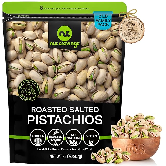 NUT CRAVINGS - Freshly Roasted & Salted California Pistachios (32oz - 2 LB) Packed Fresh in Resealable Bag - Nut Snack - Food Assortments