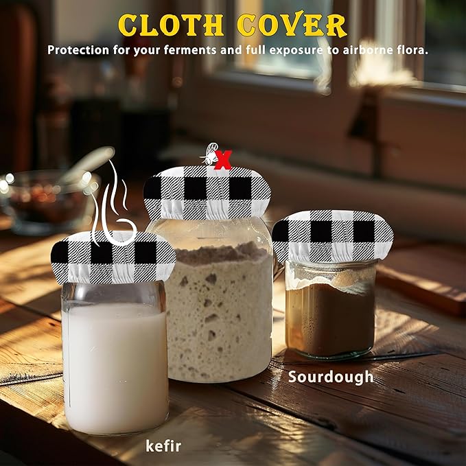 Gray White Plaid Sourdough Starter Cloth Covers Jars Or Kombucha Kefir Fermentation Cheese Fabric Lids, Gifts for Women Baker Fit Jars Mouth from 3-4 inch, 5 Pack