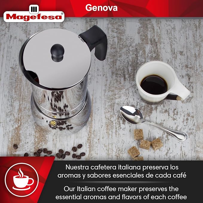 MAGEFESA Genova Stovetop Espresso Maker, 10 Cups/17 oz, 18/10 Stainless Steel Moka Pot, Italian Greca Coffee Maker, Suitable for Induction