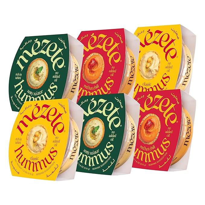 Mezete Hummus Variety Pack | Authentic Middle Eastern | Free from Preservatives | All-Natural Dips and Spreads | Ready to Eat Vegan Dips | Shelf-Stable | Requires No Refrigeration | Pack of 6