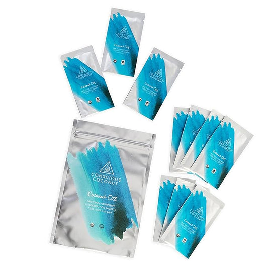 Conscious Coconut Individual Coconut Oil Packets, Certified Organic, Fair Trade Travel Coconut Oil Packets, Raw, Cold-Pressed Virgin for Wellness, Skin Care, Hair Care, Keto 10 packets