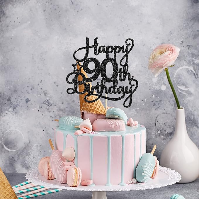 1 Pack Happy 90th Birthday Cake Topper Black Glitter 90 & Fabulous Cheers to 90 Years Old Birthday Cake Pick for Celebrating 90th Birthday Anniversary Party Cake Decorations Supplies