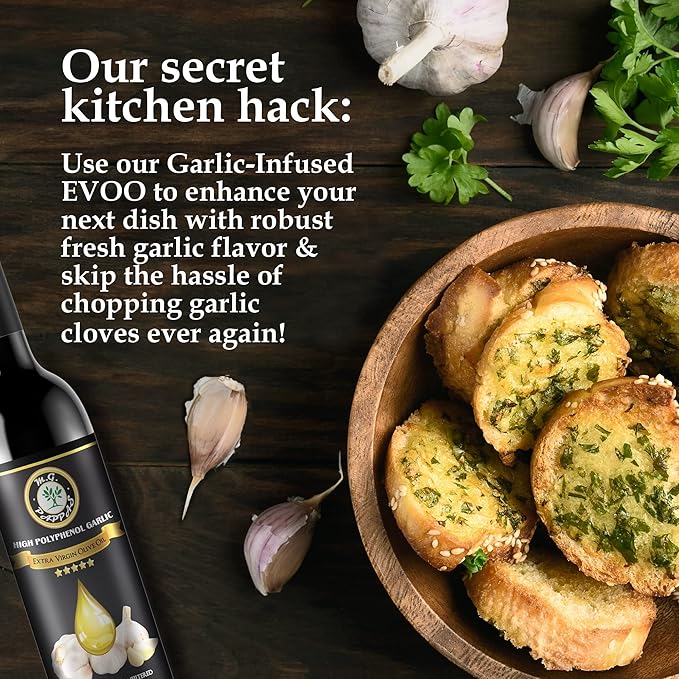 M.G. PAPPAS High Polyphenol Rich Garlic Infused Olive Oil - Extra Virgin Olive Oil - Over 500mg/kg - Cold Pressed & Unfiltered - High Hydroxytyrosol Greek Olive Oil - Award Winning