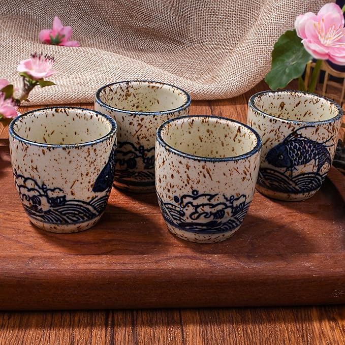 Porcelain Sake Cups of 6, Set of Cups for Japanese Wine Sake