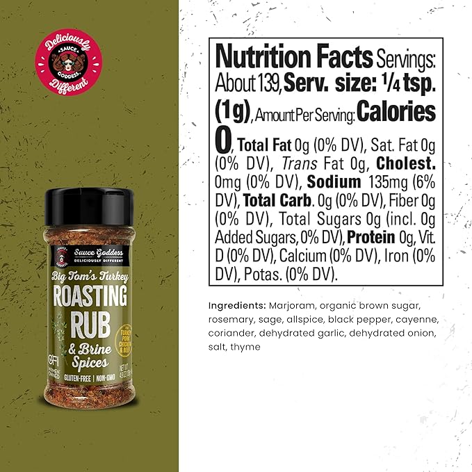 Sauce Goddess Big Tom's Turkey Roasting Rub and Brine Spices - Gluten-Free, Seasonings and Spices for Cooking Turkey and Prime Rib Seasonings - Net Wt. 5.2 oz