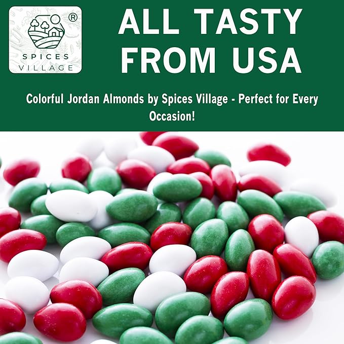 Spices Village Christmas Jordan Almonds, Red, Green, and White Candy-Coated Almonds, Ideal for Christmas, Noel, and Seasonal Celebrations - Certified Kosher, Non-GMO,32 oz