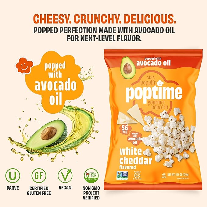 Poptime White Cheddar Popcorn Snack Bags ??Gourmet Popcorn Bags, Healthy Snack With Heart-Healthy Avocado Oil, Crunchy, Cheesy, Gluten Free, Vegan, Low Calorie, Non-GMO, Kosher - 4.75 oz - Pack 12