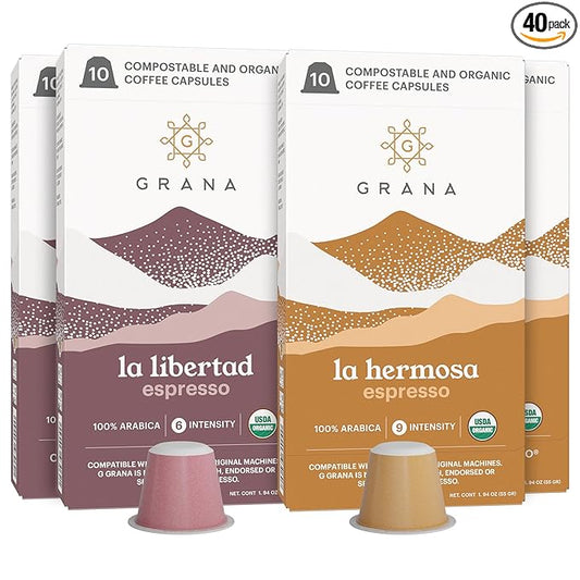 G GRANA Coffee Pods, Compatible with Nespresso OriginalLine, 40 Count, Dark and Medium-Dark Roast, USDA Organic 100% Arabica Single Source Specialty Coffee, Compostable Single Serve Capsules