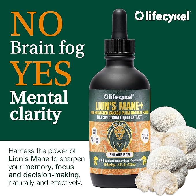 Lifecykel - Lion's Mane Mushroom Extract with Kakadu Plum - Brain Booster Nootropic for Memory, Focus & REM Sleep - Non-GMO, Organic Mushroom Tincture - 4 Fl Oz (60 Servings)