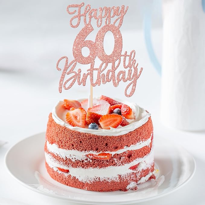 1 PCS Happy 60th Birthday Cake Topper Glitter Cheers to 60 Years Birthday Cake Pick Sixty Hello 60 Fabulous Cake Decoration for Happy 60th Birthday Anniversary Party Supplies Rose Gold