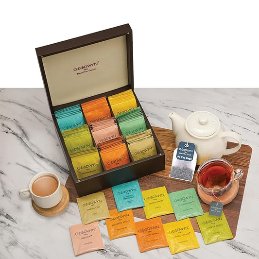 Goodwyn Assorted Tea Sampler Gift Set Box – Premium Tea Collection |90 Tea Bags |9 x 10 each– Peppermint, Chamomile, Assam, Darjeeling, Lemon, Green Tea, Kahwa, Jasmine, Earl Grey in Wooden Chest