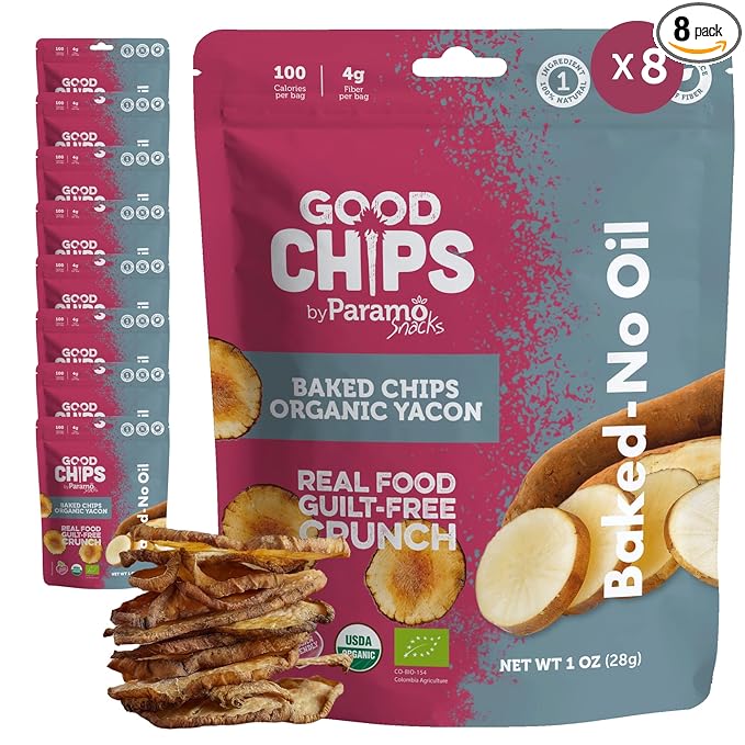 Baked Organic Yacon Chips by GOOD CHIPS! 100% Natural, Oil Free, Only One Ingredient: Yacon Root, USDA Organic, Earthy Sweet Superfood, Good Source of Fiber, 1 oz Bags, Pack of 8